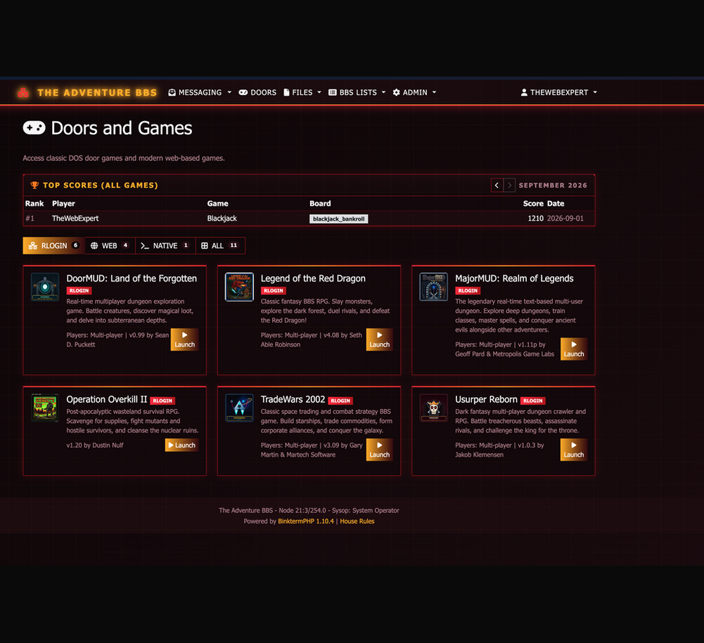 Custom BinktermPHP template — The Adventure BBS Doors and Games page