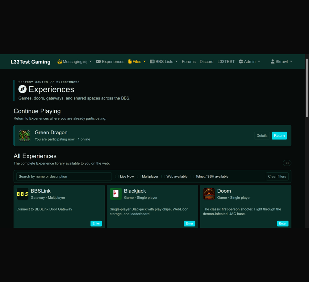 Custom BinktermPHP template — L33TEST Gaming Experiences page